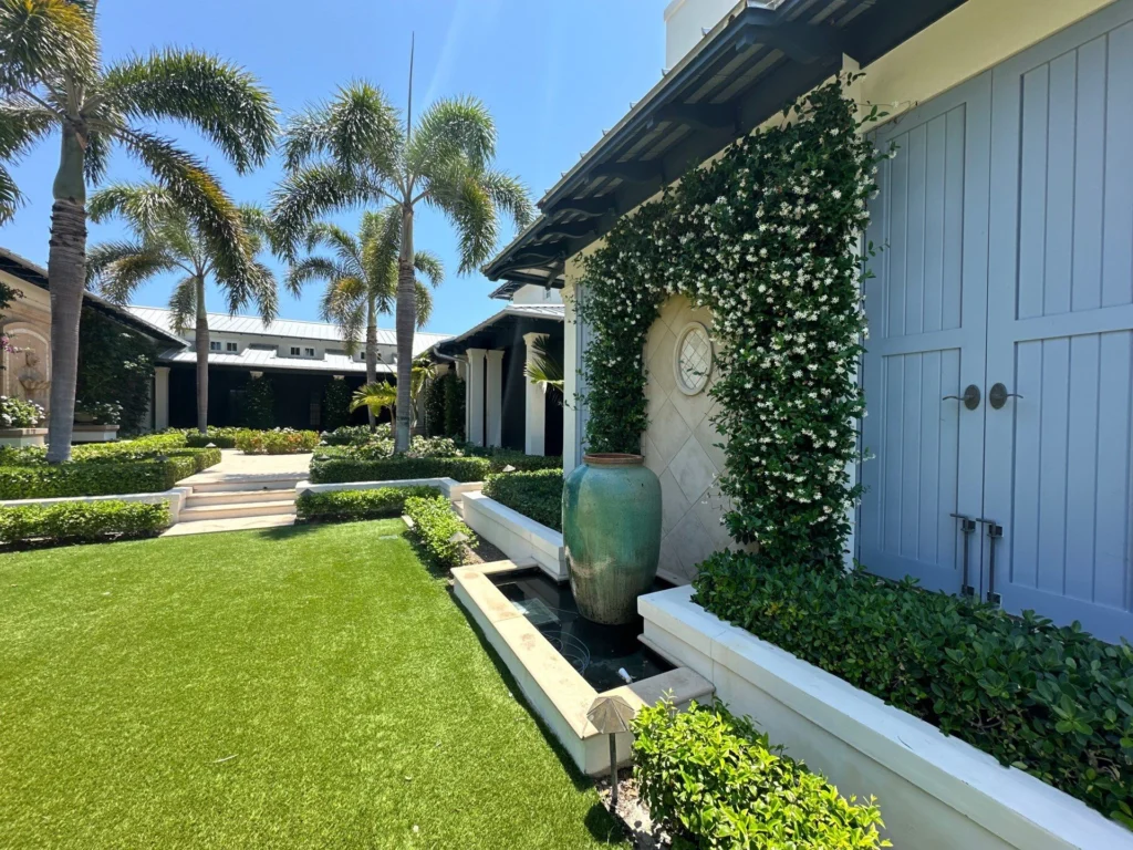 Flowering jasmine, clipped hedges and a green lawn beside a courtyard with blue shutters